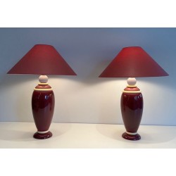 Paire de Lampes en Céramique Rose et Crème, Travail Français, vers 1970