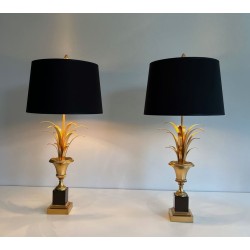 Paire de Lampes Palmier en Laiton et Laiton Laqué Noir dans le Goût de la Maison Charles. Vers 1970