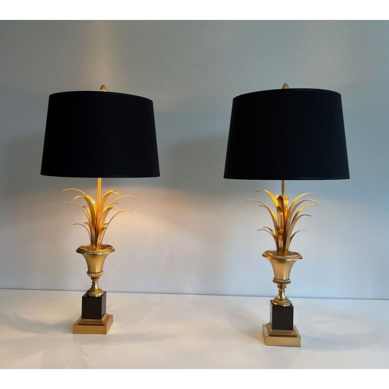Paire de Lampes Palmier en Laiton et Laiton Laqué Noir dans le Goût de la Maison Charles. Vers 1970