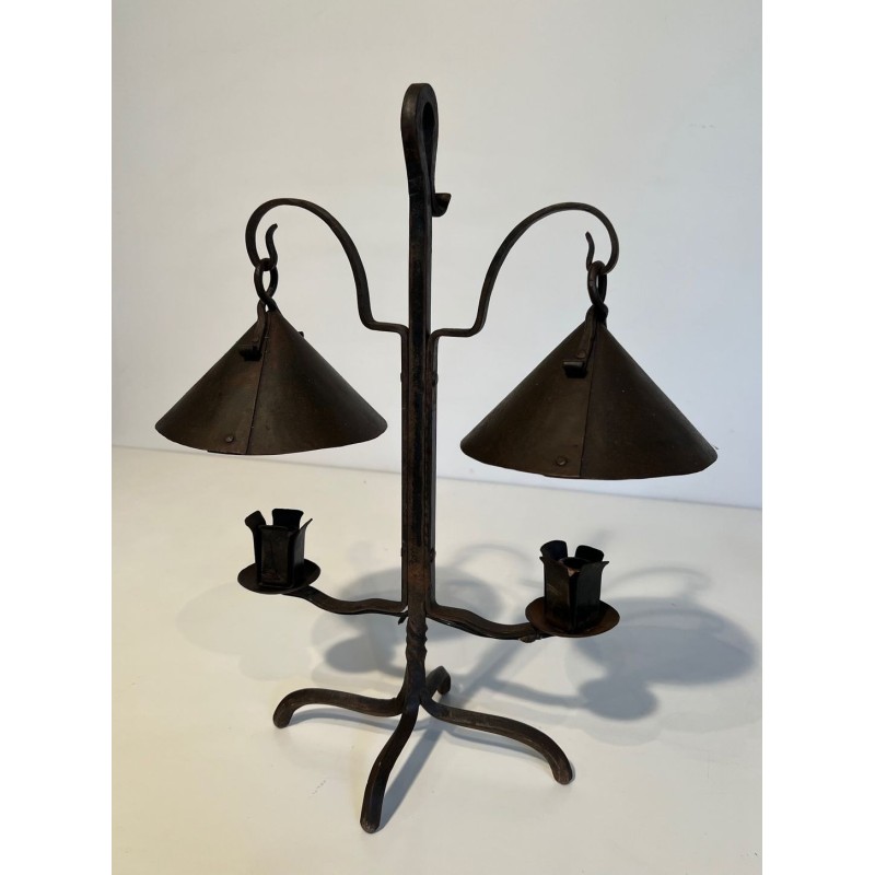 Two-Light Wrought Iron Candlestick, Riveted Conical Cups, French Work, circa 1950