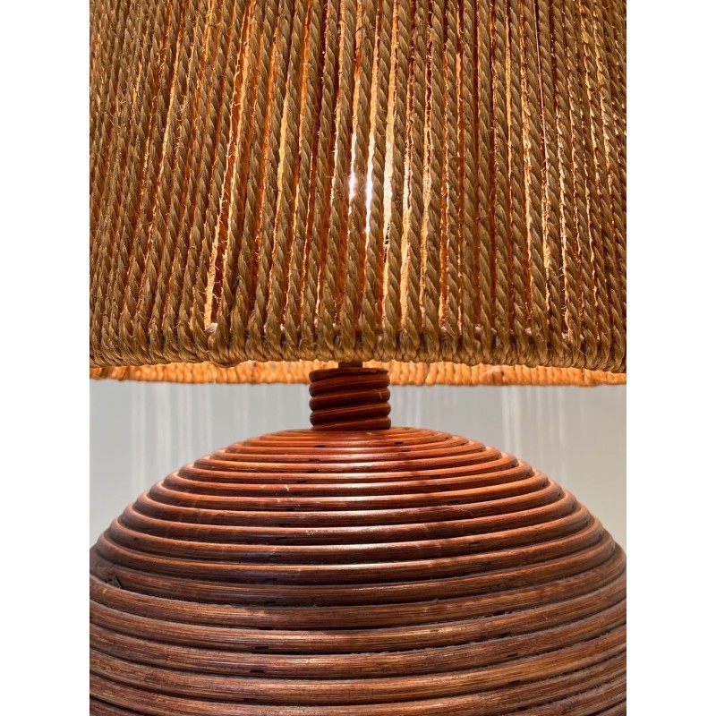 Lampe Ronde en Rotin Abat-Jour Corde, Goût Audoux-Minet, Travail Français, vers 1970