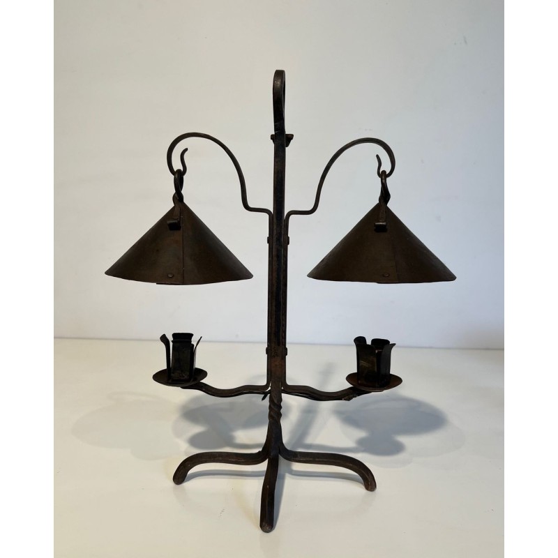 Two-Light Wrought Iron Candlestick, Riveted Conical Cups, French Work, circa 1950