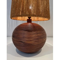 Lampe Ronde en Rotin Abat-Jour Corde, Goût Audoux-Minet, Travail Français, vers 1970