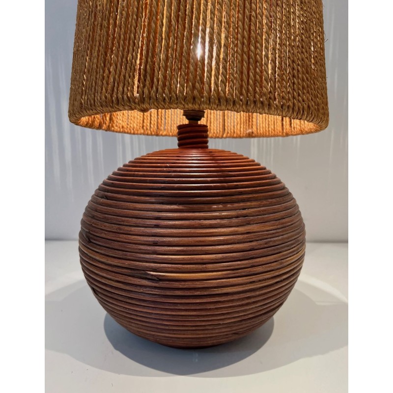 Lampe Ronde en Rotin Abat-Jour Corde, Goût Audoux-Minet, Travail Français, vers 1970