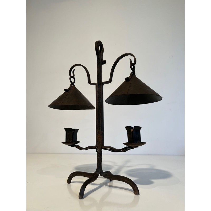 Two-Light Wrought Iron Candlestick, Riveted Conical Cups, French Work, circa 1950