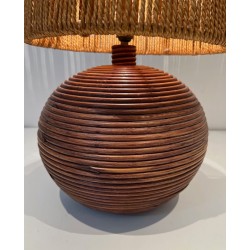Round Rattan Table Lamp with Rope Shade, Style of Audoux-Minet, French Work, circa 1970