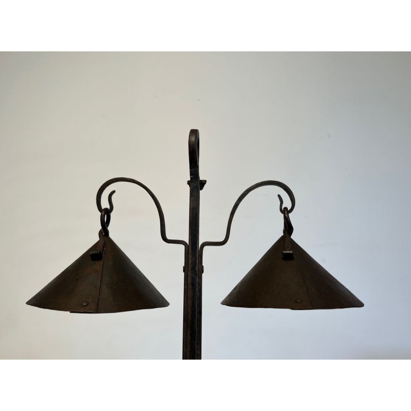 Two-Light Wrought Iron Candlestick, Riveted Conical Cups, French Work, circa 1950