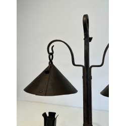 Chandelier Fer Forgé Deux Lumières, Coupelles Coniques Rivétées, Travail Français, vers 1950