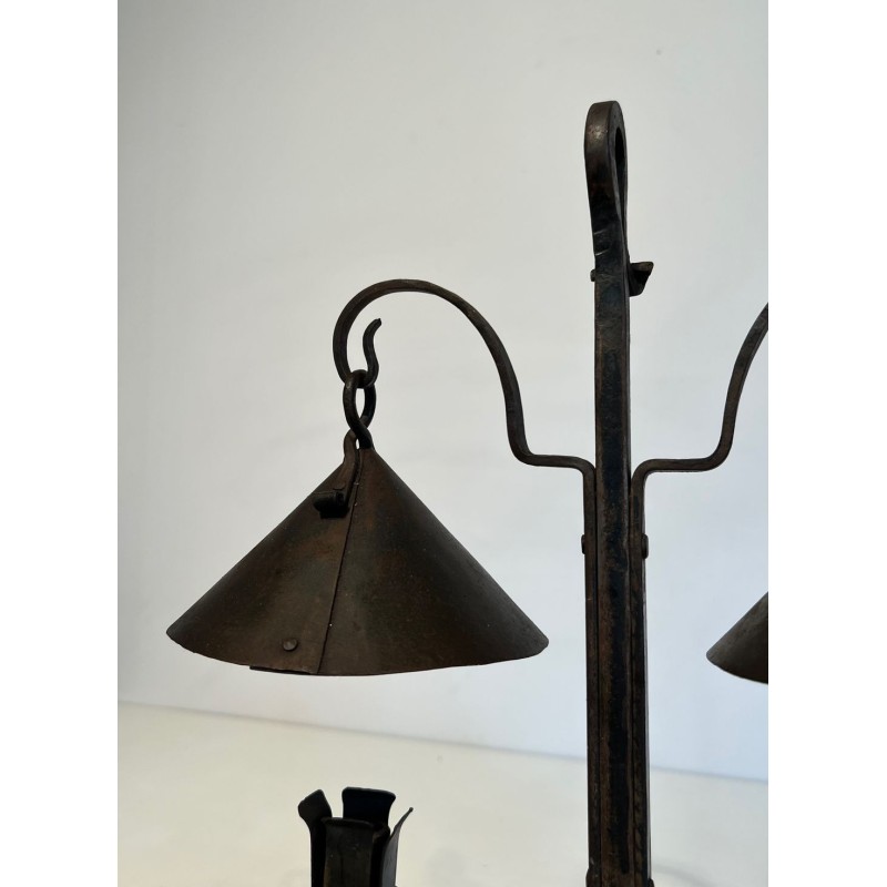 Chandelier Fer Forgé Deux Lumières, Coupelles Coniques Rivétées, Travail Français, vers 1950