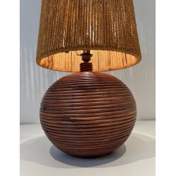 Lampe Ronde en Rotin Abat-Jour Corde, Goût Audoux-Minet, Travail Français, vers 1970