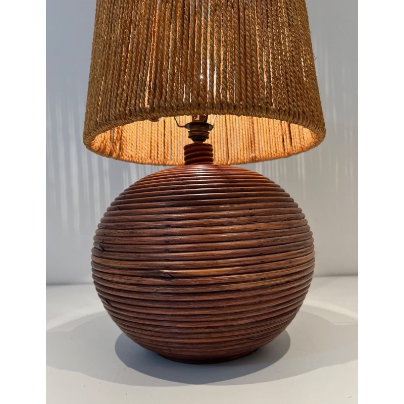 Lampe Ronde en Rotin Abat-Jour Corde, Goût Audoux-Minet, Travail Français, vers 1970