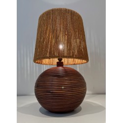 Lampe Ronde en Rotin Abat-Jour Corde, Goût Audoux-Minet, Travail Français, vers 1970