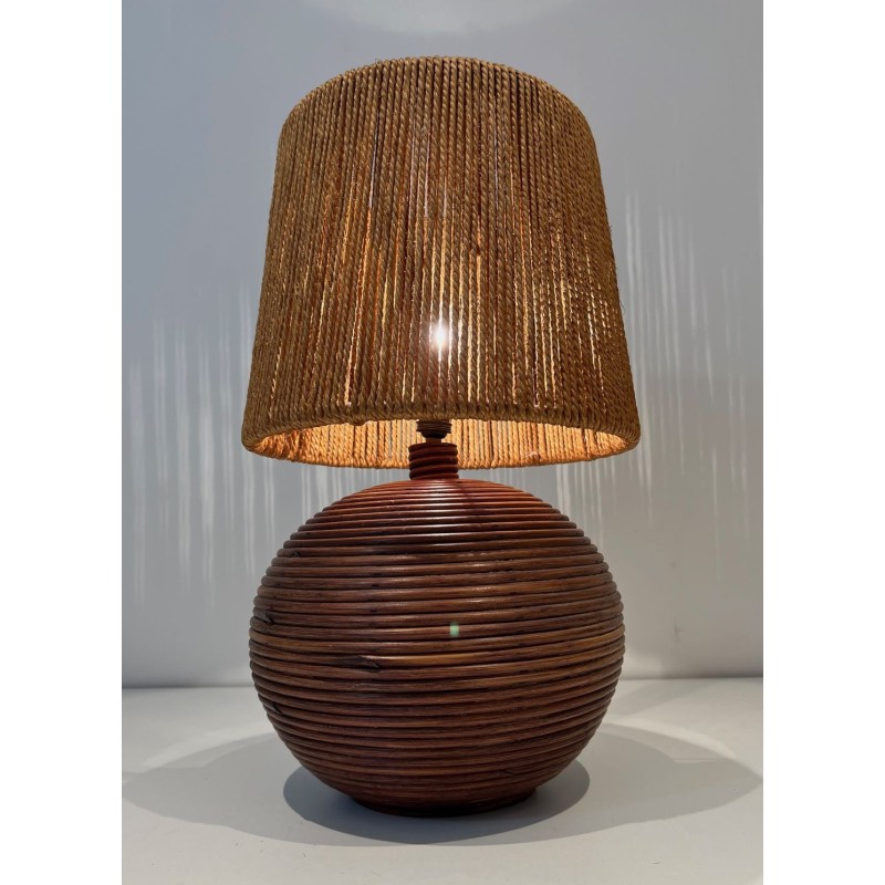 Lampe Ronde en Rotin Abat-Jour Corde, Goût Audoux-Minet, Travail Français, vers 1970