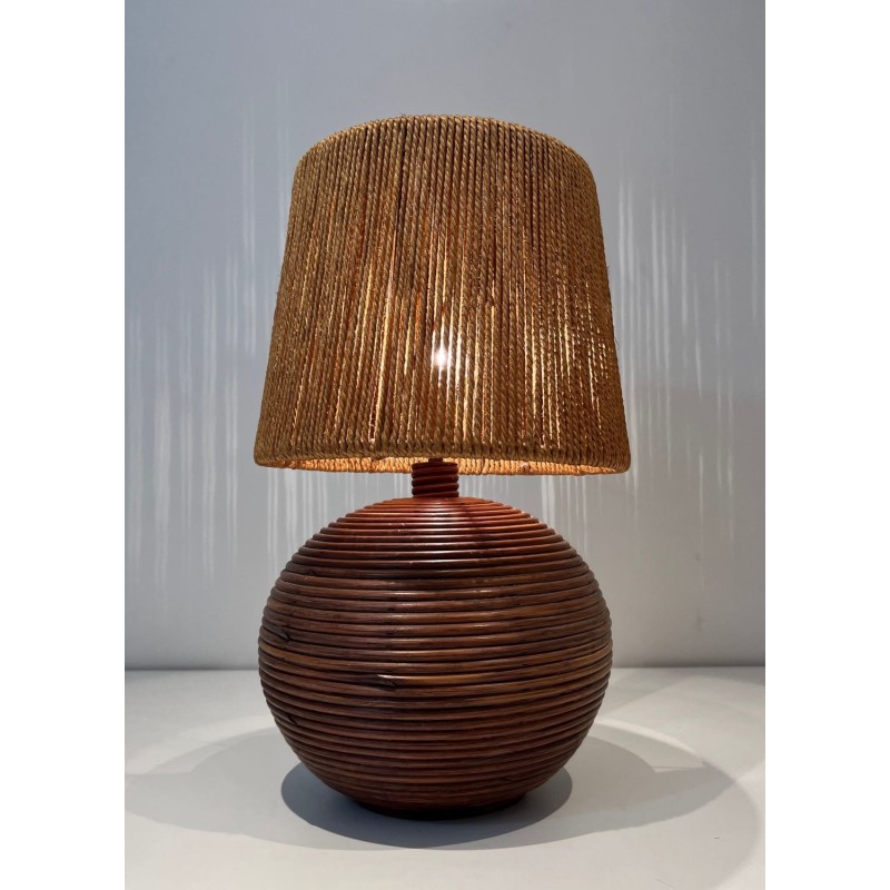 Lampe Ronde en Rotin Abat-Jour Corde, Goût Audoux-Minet, Travail Français, vers 1970