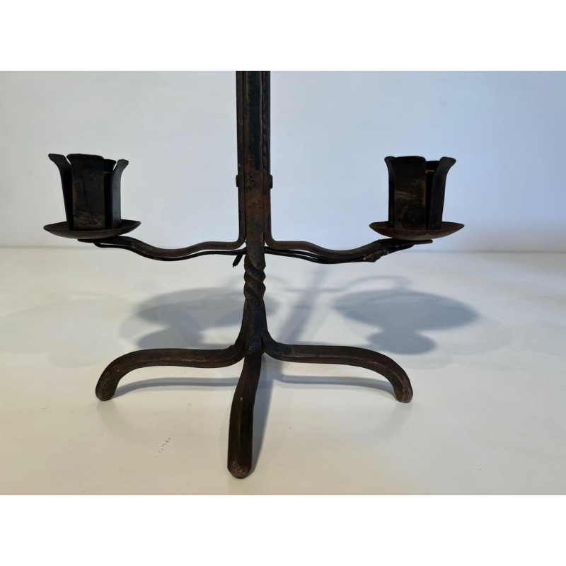 Two-Light Wrought Iron Candlestick, Riveted Conical Cups, French Work, circa 1950