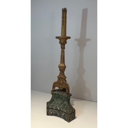 Tall Gilded Carved Wood Candelabra on Patinated Base, French Work, circa 1900
