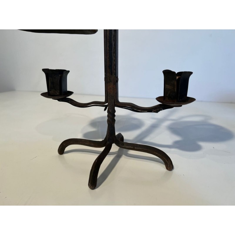 Two-Light Wrought Iron Candlestick, Riveted Conical Cups, French Work, circa 1950