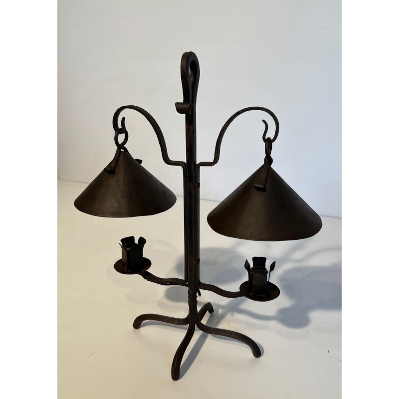 Two-Light Wrought Iron Candlestick, Riveted Conical Cups, French Work, circa 1950