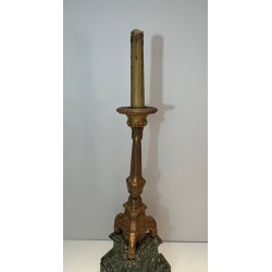 Tall Gilded Carved Wood Candelabra on Patinated Base, French Work, circa 1900