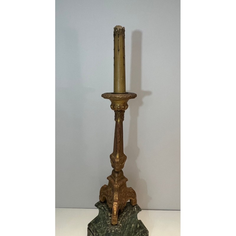 Tall Gilded Carved Wood Candelabra on Patinated Base, French Work, circa 1900