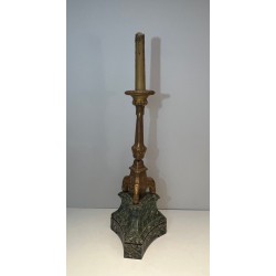 Grand Candélabre en Bois Sculpté Doré sur Socle Patiné