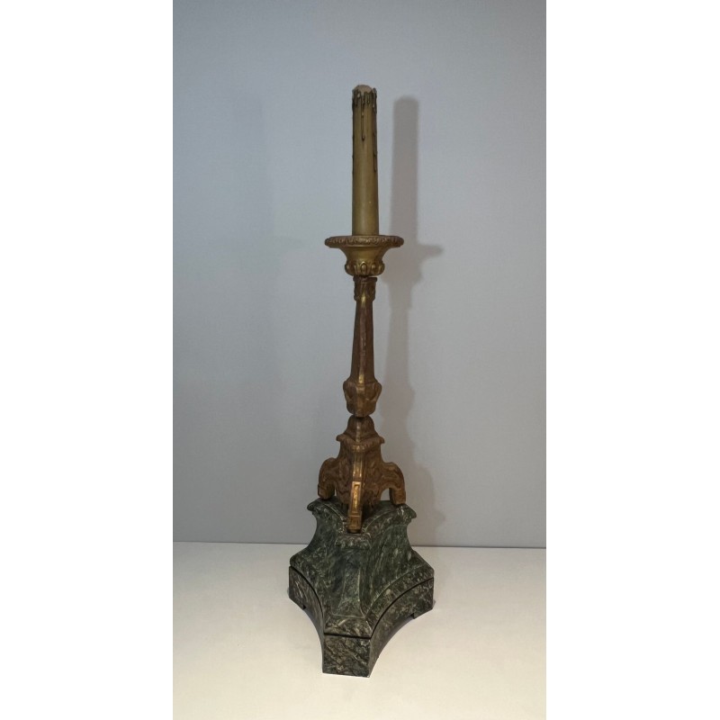 Tall Gilded Carved Wood Candelabra on Patinated Base, French Work, circa 1900
