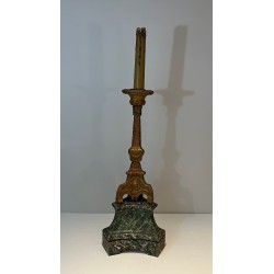 Tall Gilded Carved Wood Candelabra on Patinated Base, French Work, circa 1900