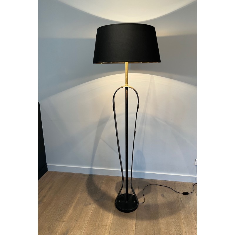 Lampadaire en Cuir Noir Piqué Sellier et | Maison Barrois
