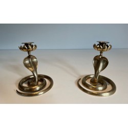 Pair of Chiselled Bronze Cobra Candlesticks, Art Déco, French, circa 1940