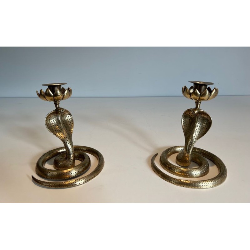 Pair of Chiselled Bronze Cobra Candlesticks, Art Déco, French, circa 1940