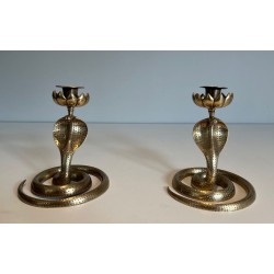 Pair of Chiselled Bronze Cobra Candlesticks, Art Déco, French, circa 1940