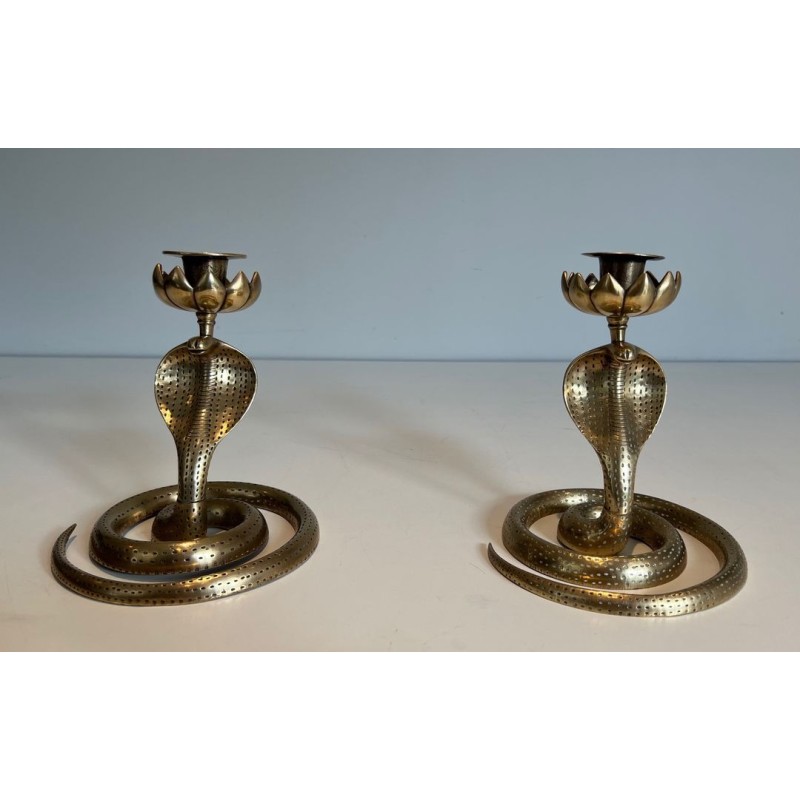 Pair of Chiselled Bronze Cobra Candlesticks, Art Déco, French, circa 1940