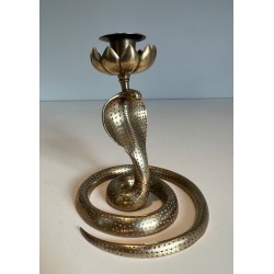 Pair of Chiselled Bronze Cobra Candlesticks, Art Déco, French, circa 1940
