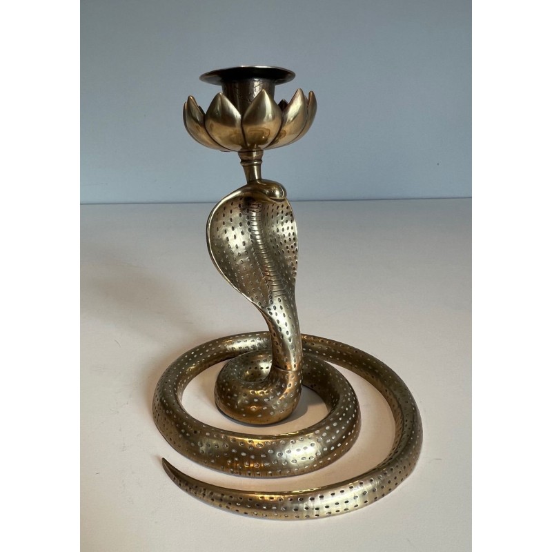 Paire de Bougeoirs en Bronze Ciselé aux Cobras, Art Déco, Travail Français, vers 1940