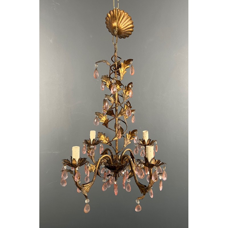 Lustre en Métal Doré à Décor de Feuillage et Pampilles en | Maison Barrois