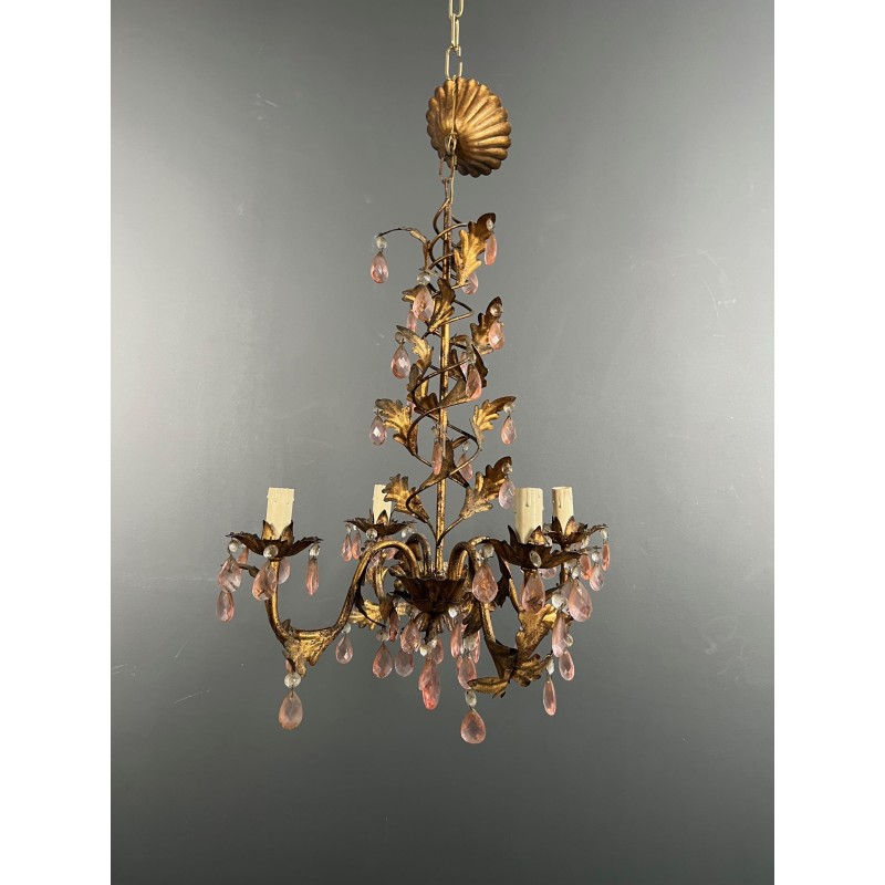 Lustre en Métal Doré à Décor de Feuillage et Pampilles en | Maison Barrois
