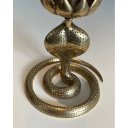 Paire de Bougeoirs en Bronze Ciselé aux Cobras, Art Déco, Travail Français, vers 1940