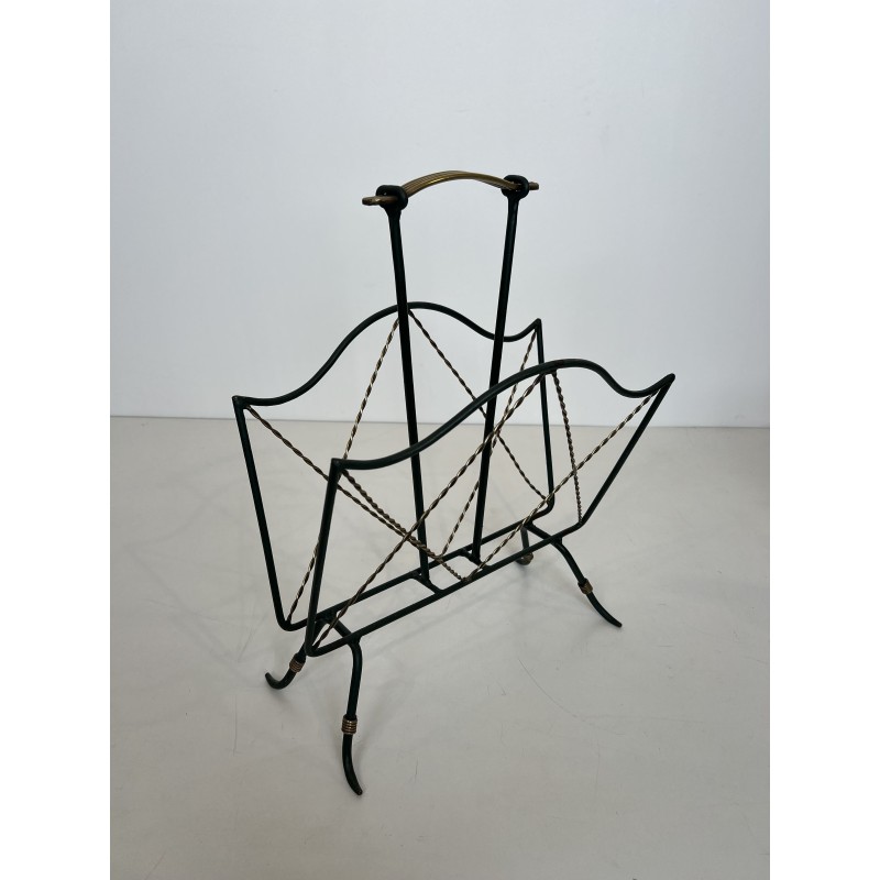 Magazine Rack in Green Lacquered Metal and Twisted Gilt Wi | Maison Barrois