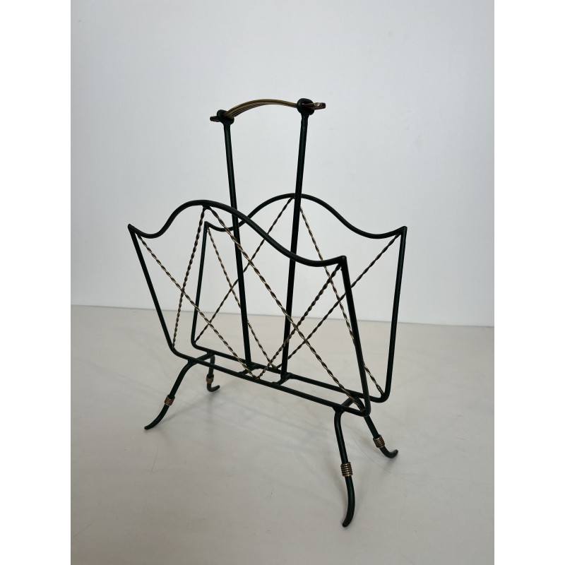 Magazine Rack in Green Lacquered Metal and Twisted Gilt Wi | Maison Barrois