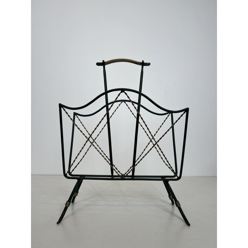 Magazine Rack in Green Lacquered Metal and Twisted Gilt Wi | Maison Barrois