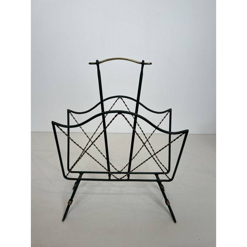 Magazine Rack in Green Lacquered Metal and Twisted Gilt Wi | Maison Barrois