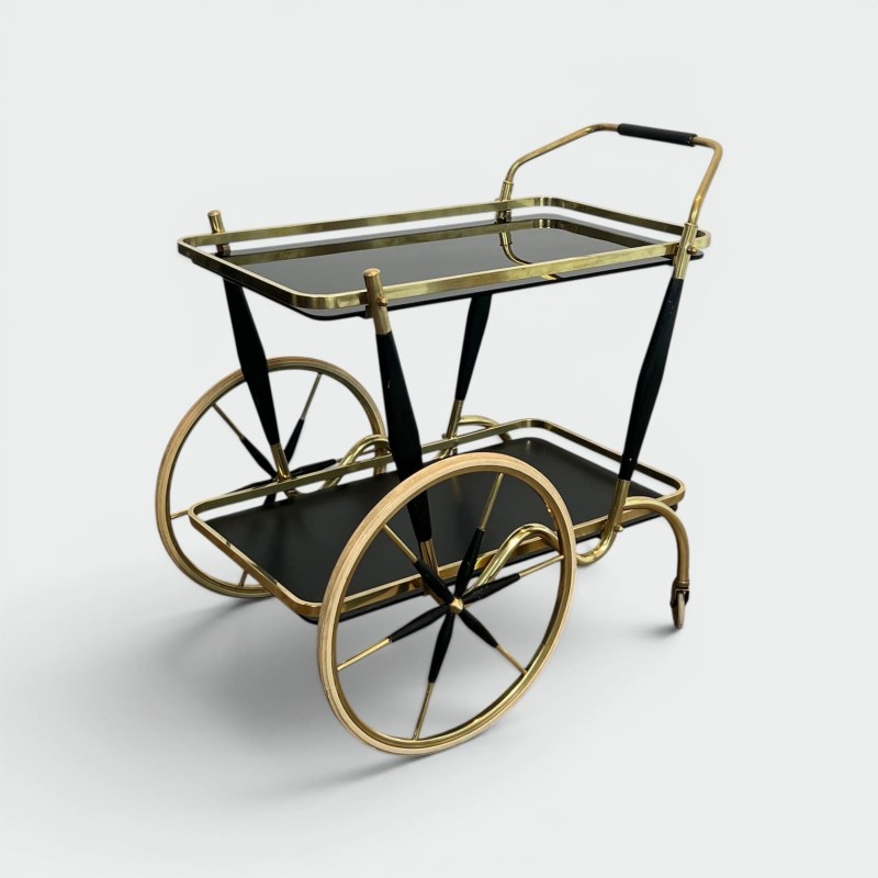 Brass and Black Glass Bar Cart with Black Tapered Uprights | Maison Barrois