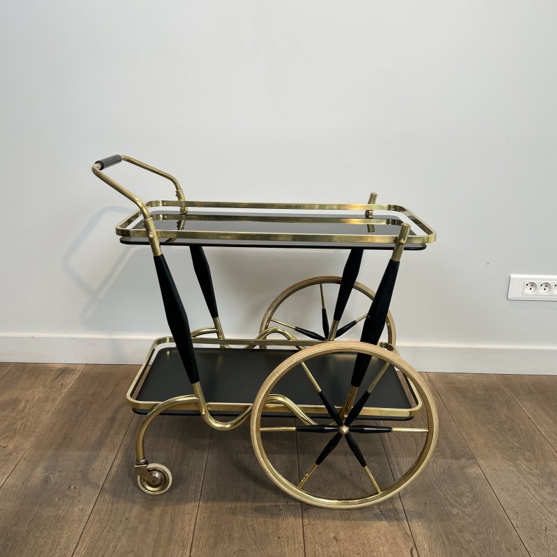 Brass and Black Glass Bar Cart with Black Tapered Uprights | Maison Barrois