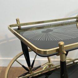 Table Roulante en Laiton et Verre Noir à Montants Fuselés | Maison Barrois