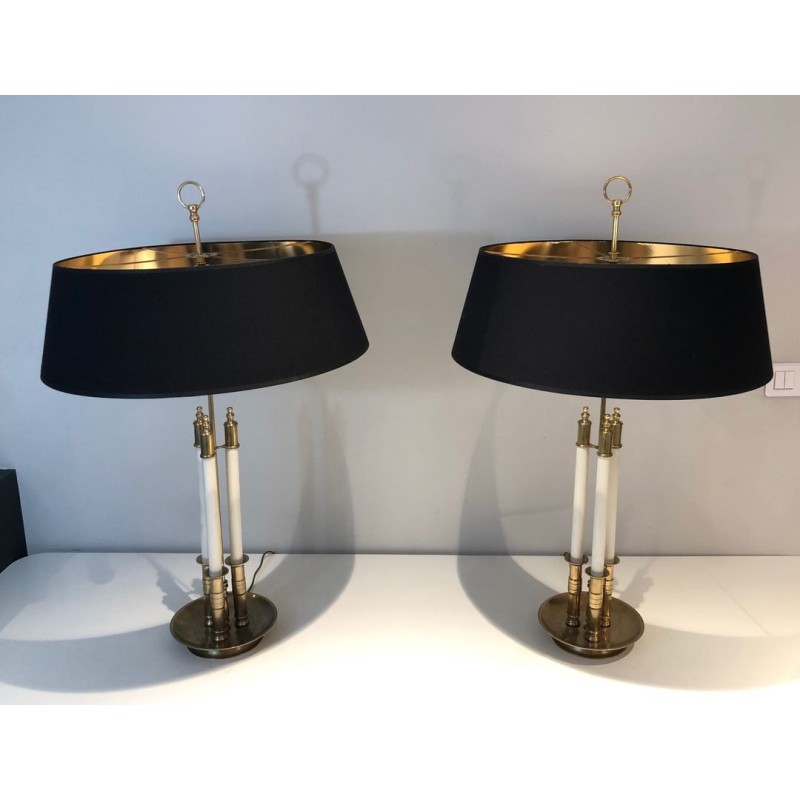Paire de Lampes en Laiton et Laque Blanche, Style Néoclassique, Travail Français, vers 1940