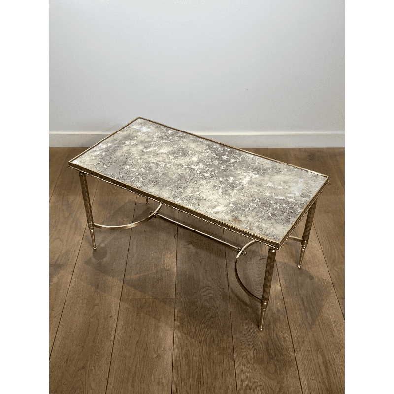 Table Basse Rectangulaire en Laiton à Galerie Perlée et Pl | Maison Barrois