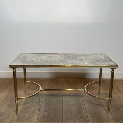 Table Basse Rectangulaire en Laiton à Galerie Perlée et Pl | Maison Barrois