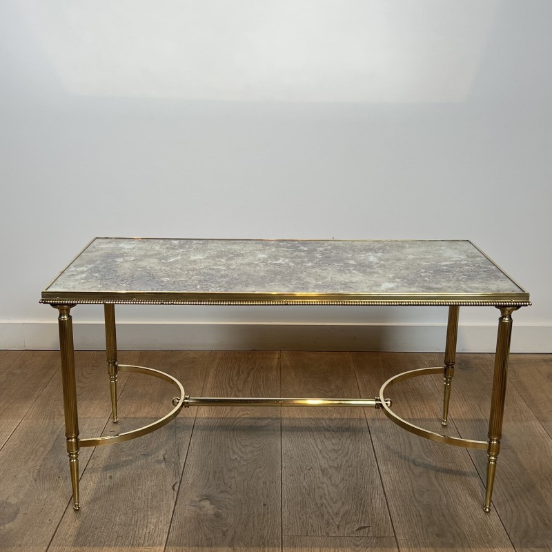 Table Basse Rectangulaire en Laiton à Galerie Perlée et Pl | Maison Barrois