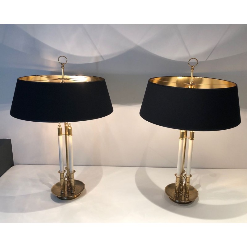 Pair of Neoclassical Brass and White Lacquered Table Lamps, French, circa 1940