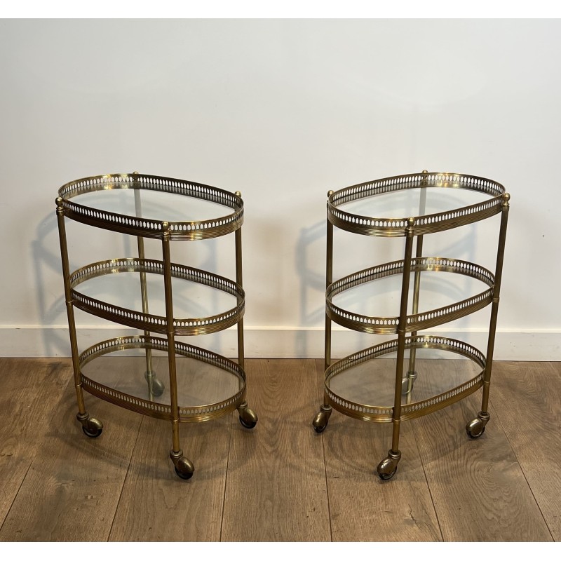Pair of Oval Brass Bar Carts with Three Tiers and Openwork | Maison Barrois